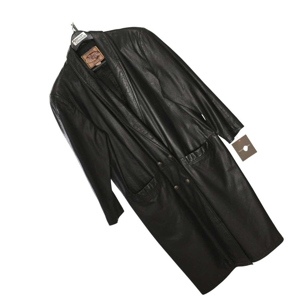 Vintage Double Breasted Long Leather Coat Womens M 80s Oversized Fit Clubwear - Picture 4 of 8